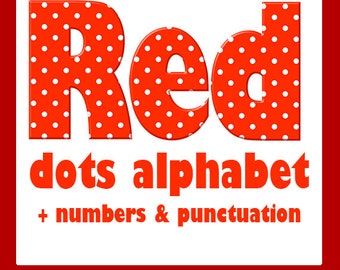Red polka dots digital alphabet clipart with large and small letters, numbers and punctuation marks; for commercial use
