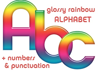 Glossy rainbow alphabet clipart, printable digital font with capital and small letters, numbers and punctuation marks; for commercial use