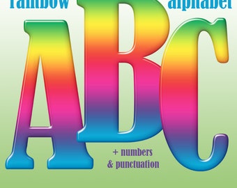 Rainbow digital alphabet clipart, colorful font with capital and small letters, numbers and punctuation marks; for commercial use