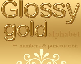 Glossy gold digital alphabet, golden clipart font, gold capital and small letters, gold numbers and punctuation marks; for commercial use