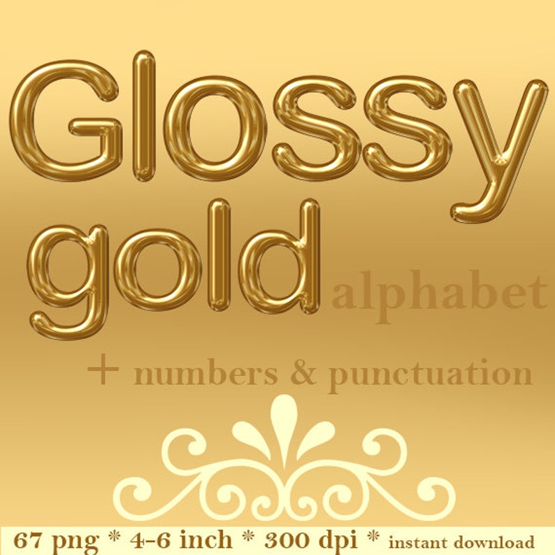 Glossy gold digital alphabet, golden clipart font, gold capital and small letters, gold numbers and punctuation marks for commercial use image 1