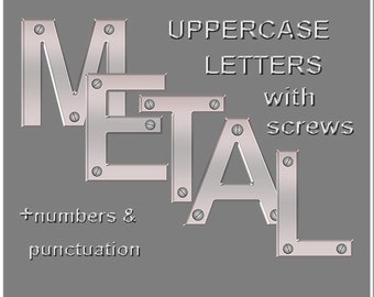 Silver metal digital alphabet clipart with screws; uppercase letters, numbers 0-9 and five punctuation marks; metal font for commercial use