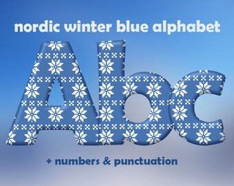 Winter blue alphabet clipart, printable white blue digital font with large and small letters, numbers and punctuation; for commercial use