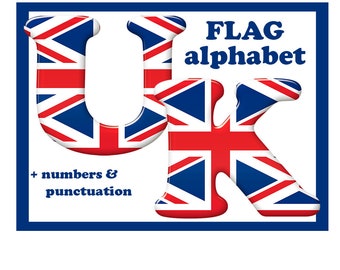 United Kingdom flag alphabet clipart, Union Jack blue red and white font, with letters, numbers, punctuation; for commercial use