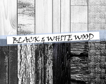 Black and white wood digital papers, wood grain backgrounds,  printable distressed wood in black and white; for commercial use