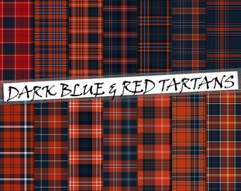 Dark blue and red tartan pattern digital paper, 14 seamless scottish plaid, printable blue and red backgrounds; for commercial use