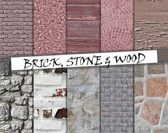 Brick, stone and wood digital paper: brick, pebble stone and distressed wood backgrounds; for commercial use