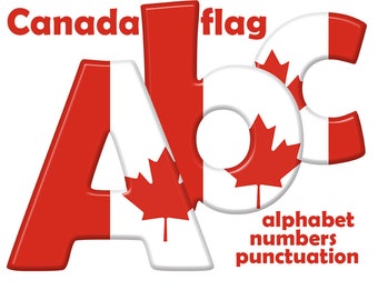 Canada alphabet clipart, Canadian flag, red and white printable font,  large and small letters, numbers and punctuation; for commercial use