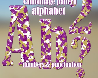 Camouflage alphabet clipart, printable camo letters, army letters, capital and small letters, numbers and punctuation; for commercial use