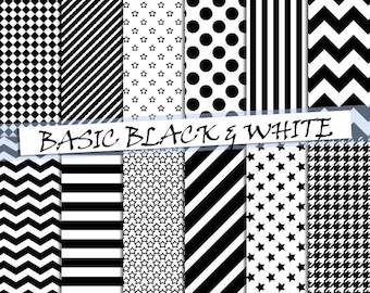 Basic black and white digital paper: patterns with stripes, chevron, dots, squares, stars and twid in black