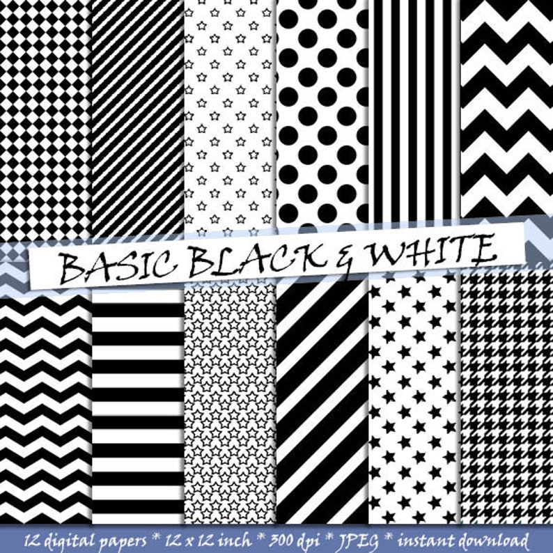 Basic black and white digital paper: patterns with stripes, chevron, dots, squares, stars and twid in black image 1