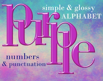 Glossy purple digital alphabet clipart, printable violet font with large and small letters, numbers and punctuation; for commercial use