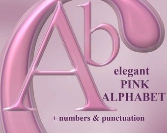 Pink digital alphabet clipart, glossy lavander font with large and small letters, numbers and punctuation marks; for commercial use