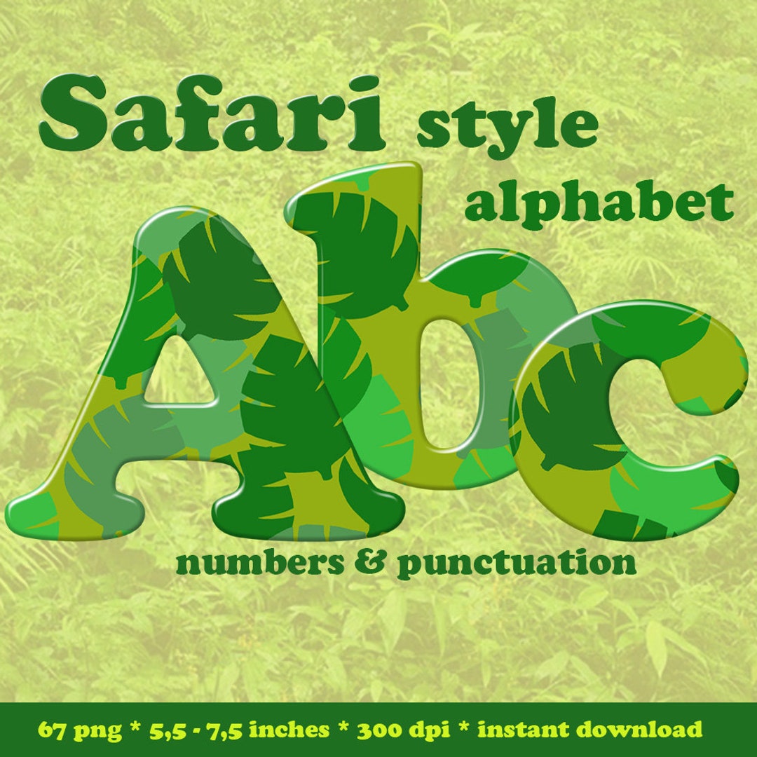 Safari Alphabet Clipart, Green Jungle Leaves Font, Printable Letters ...