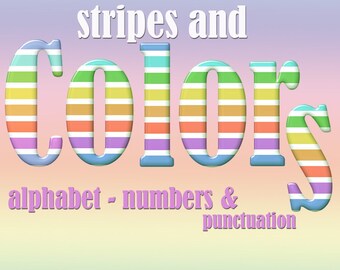 Colorful striped digital alphabet clipart, rainbow font with capital and small letters, numbers and punctuation marks; for commercial use