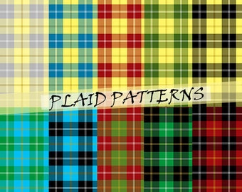 Plaid pattern digital paper: scottish tartan patterns in black, red, yellow, blue, grey and green color; for commercial use