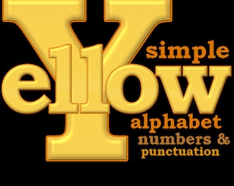 Yellow digital alphabet clipart, yellow font with large and small letters, numbers and punctuation marks; for commercial use