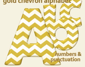 Gold and white chevron digital alphabet clipart, golden font with large and small letters, numbers and punctuation marks; for commercial use