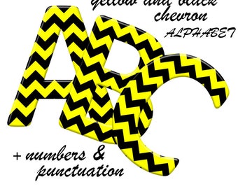 Yellow and black chevron alphabet clipart: digital chevron font, large and small letters, numbers and punctuation marks; for commercial use