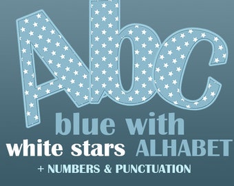 Blue digital alphabet with white stars pattern, clipart with large and small letters, numbers and punctuation marks; for commercial use