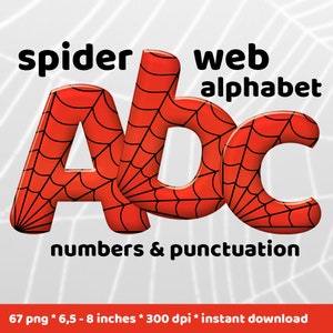 Spider web red digital alphabet clipart, red font with large and small letters, numbers and punctuation marks; for commercial use