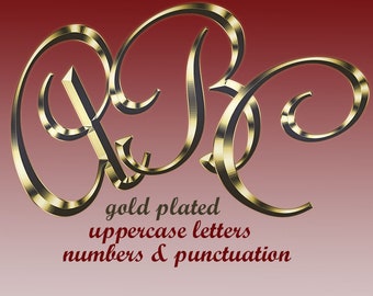 Gold plated digital alphabet clipart, golden font with uppercase letters, numbers and punctuation marks; for commercial use