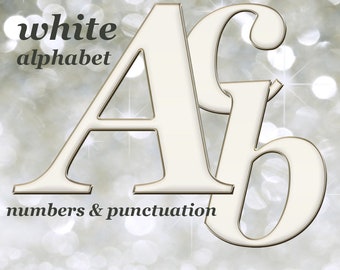 White digital alphabet clipart, printable font with capital and small letters, numbers and punctuation marks; for commercial use