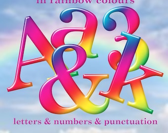 Rainbow digital alphabet clipart, colorful font with capital and small letters, numbers and punctuation marks; for commercial use