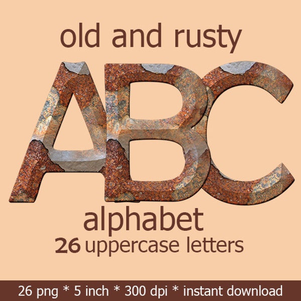 Rusty textured alphabet clipart, metal letters, printable, old rusted digital clipart font with capital letters; for commercial use