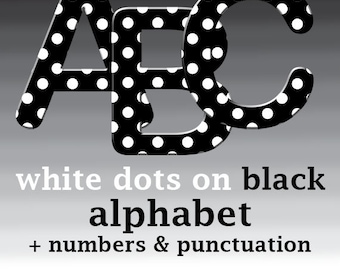 White dots on black digital alphabet, dots pattern clipart with large and small letters, numbers and punctuation marks; for commercial use