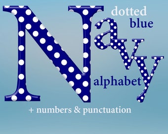 Navy blue digital alphabet with polka dots pattern, clipart with large and small letters, numbers and punctuation marks; for commercial use