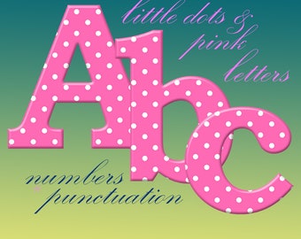 Pink polka dots digital alphabet clipart, dotted pink font with large and small letters, numbers and punctuation marks; for commercial use