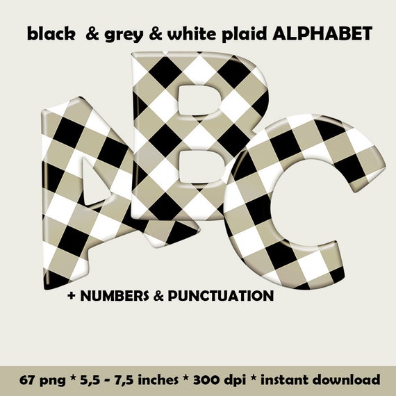 black and white plaid digital alphabet clipart printable font etsy