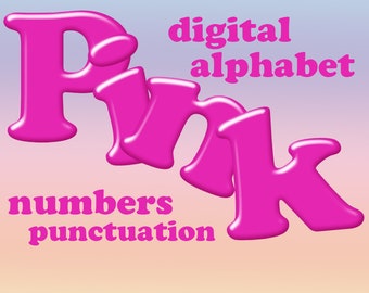 Simple glossy pink digital alphabet clipart, printable pink font with large and small letters, numbers and punctuation; for commercial use