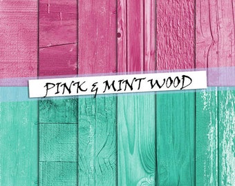 Pink and mint wood digital paper, wood texture, distressed wood grain, digital wood background in pink and mint colour; for commercial use