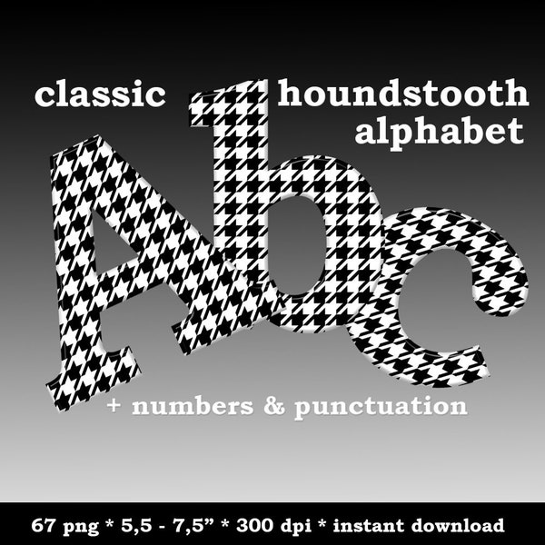 Houndstooth black and white digital alphabet clipart, font with large and small letters, numbers and punctuation marks; for commercial use