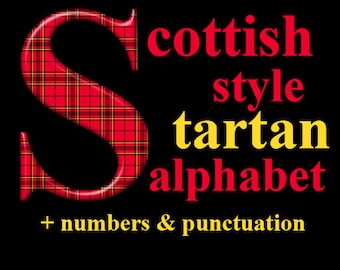 Tartan pattern digital alphabet clipart, scottish plaid font with large and small letters, numbers and punctuation marks; for commercial use