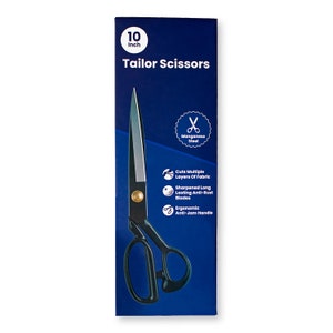May include: Black tailor scissors with a 25 cm blade, presented on a navy blue box. The box displays the text "Tailor Scissors" and information about the blades, including "Manganese Steel" and "Anti-Rust Blades."