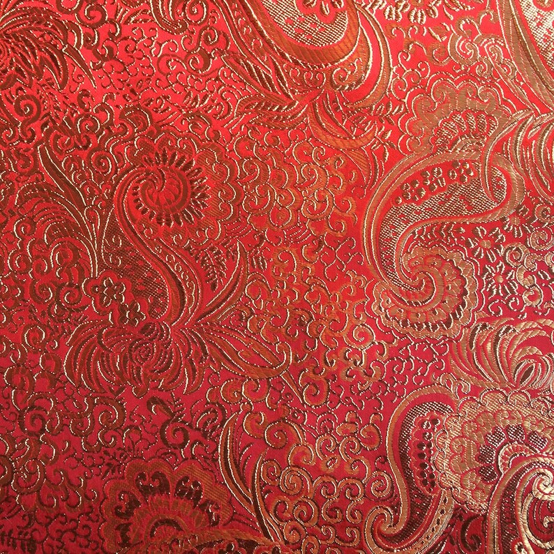 Red / Gold Metallic Paisley Brocade Fabric Etsy