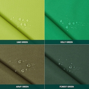 Puede incluir: Una cuadr&iacute;cula de cuatro paneles que muestra muestras de tela en verde lima, verde kelly, verde ej&eacute;rcito y verde bosque. Cada tela presenta una superficie repelente al agua con gotas visibles sobre el material texturizado. Etiquetas identifican cada color.