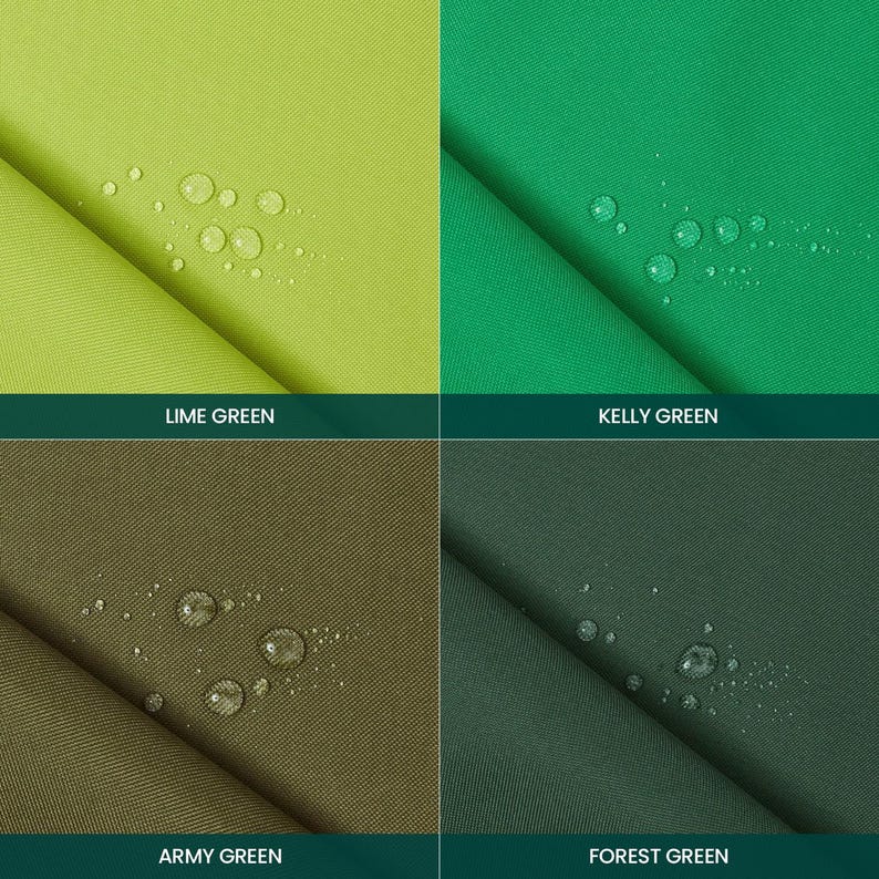 Puede incluir: Una cuadr&iacute;cula de cuatro paneles que muestra muestras de tela en verde lima, verde kelly, verde ej&eacute;rcito y verde bosque. Cada tela presenta una superficie repelente al agua con gotas visibles sobre el material texturizado. Etiquetas identifican cada color.