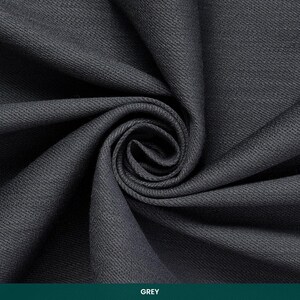 May include: Close-up of a swatch of gray fabric, tightly swirled to show texture and depth. The fabric has a subtle diagonal weave pattern. The word "GREY" is displayed in a green bar at the bottom of the image.