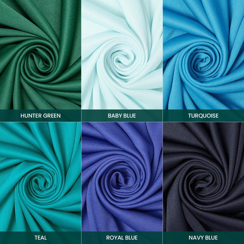 K&ouml;nnte beinhalten: Ein Raster aus sechs Stoffmustern in zwei Reihen, die jeweils ein spiralf&ouml;rmiges Faltenmuster aufweisen. Die Farben umfassen J&auml;gergr&uuml;n, Babyblau, T&uuml;rkis, Blaugr&uuml;n, K&ouml;nigsblau und Marineblau, wobei der Farbname unter jedem Muster steht.