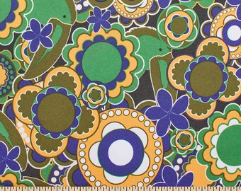 May include: A colorful fabric with a repeating pattern of green, yellow, and purple flowers. The flowers are stylized and have a retro 1960s feel. The fabric is perfect for crafting projects, quilting, or making clothing.