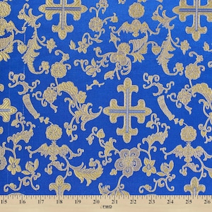 Royal Blue Metallic Church Cross Brocade Fabric 60&quot; By the Yard