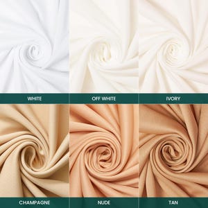 K&ouml;nnte beinhalten: Ein Raster aus sechs Stoffmustern in Spiralform in den Farben Wei&szlig;, Off-White, Elfenbein, Champagner, Nude und Hellbraun. Jedes Muster ist mit dem entsprechenden Farbnamen in wei&szlig;er Schrift auf dunkelgr&uuml;nem Hintergrund beschriftet.