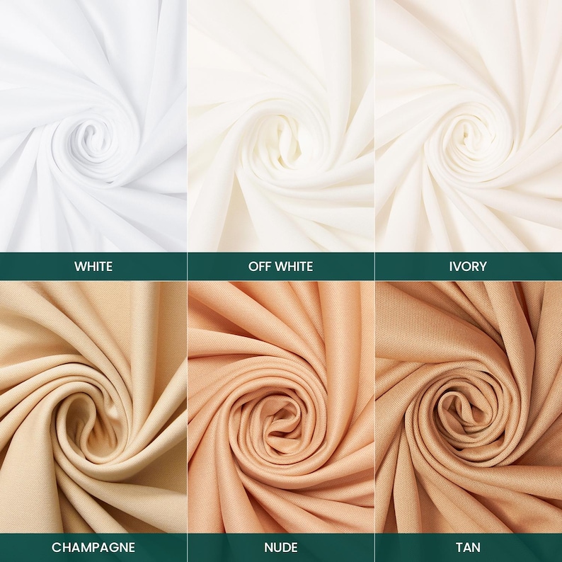 K&ouml;nnte beinhalten: Ein Raster aus sechs Stoffmustern in Spiralform in den Farben Wei&szlig;, Off-White, Elfenbein, Champagner, Nude und Hellbraun. Jedes Muster ist mit dem entsprechenden Farbnamen in wei&szlig;er Schrift auf dunkelgr&uuml;nem Hintergrund beschriftet.