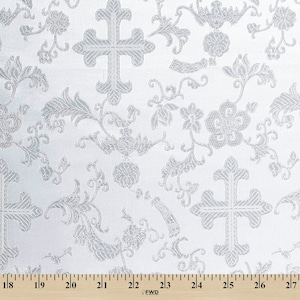 White/Silver Metallic Church Cross Brocade Fabric