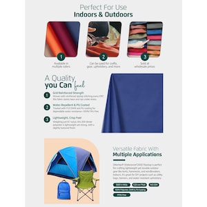 May include: Informative graphic showcasing fabric options for indoor and outdoor use. The image highlights the fabric's features, including water resistance and lightweight properties. It also shows the fabric's versatility for various applications, such as tents and bags.