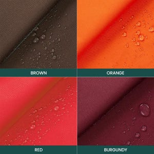May include: A close-up of four fabric swatches in brown, orange, red, and burgundy. Water droplets bead on the surface of each swatch. The colors are vibrant and saturated, with the word for each color displayed below the swatch.